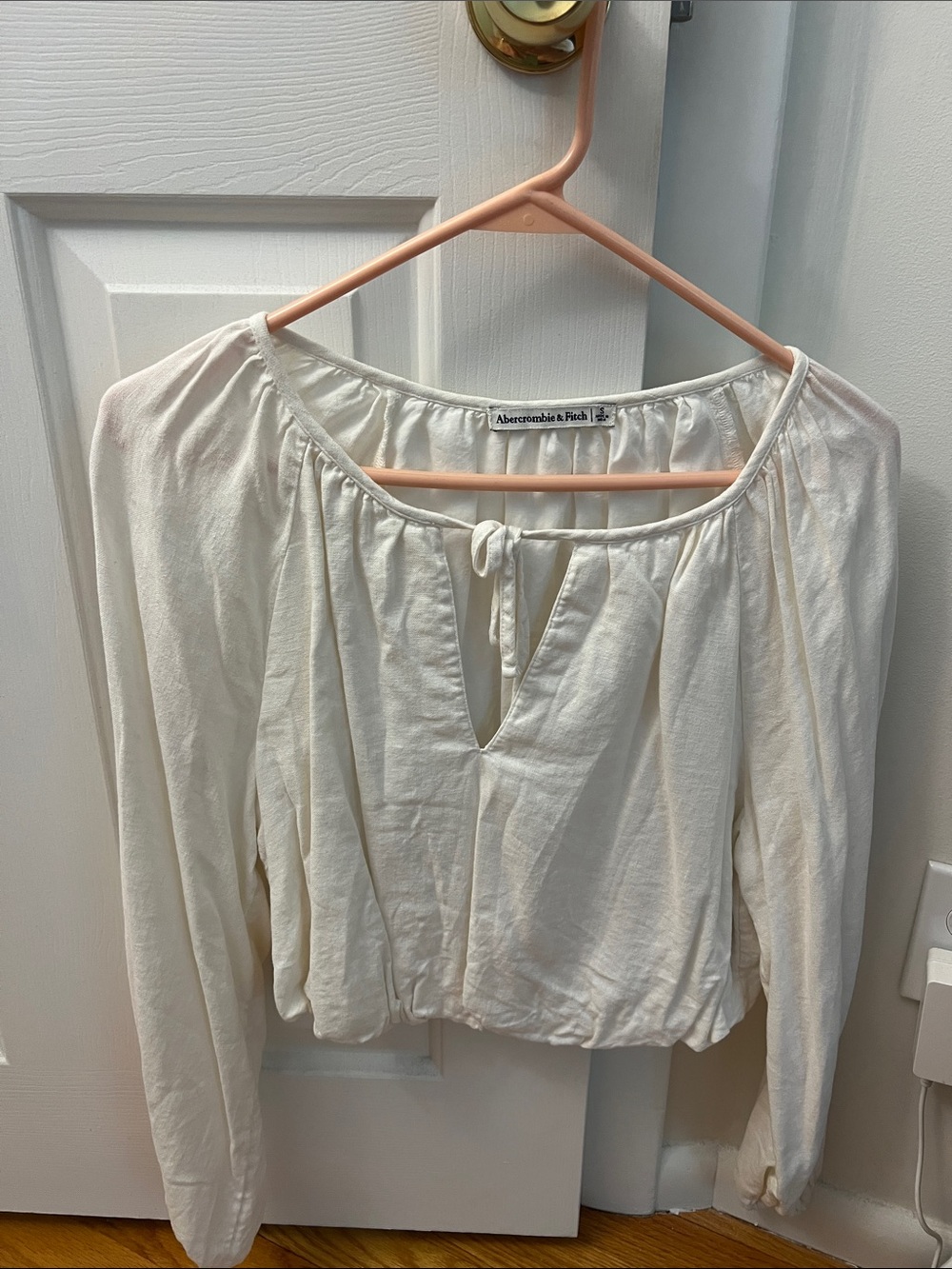 Abercrombie & Fitch Cream Peasant Top with Tie Neck